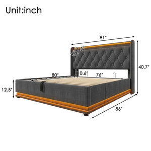 English Elm King Upholstered Bed with Surround LED, App/Remote Control, Hydraulic Storage, USB Type-C Charging Gray N736P188808G