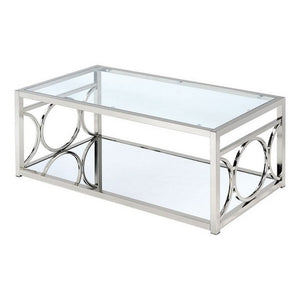 English Elm Paire Rectangular Glass Top Coffee Table with Mirrored Shelf and Silver Metal Frame B056P416836