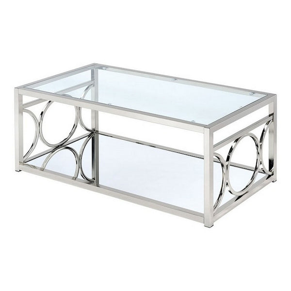 English Elm Paire Rectangular Glass Top Coffee Table with Mirrored Shelf and Silver Metal Frame B056P416836