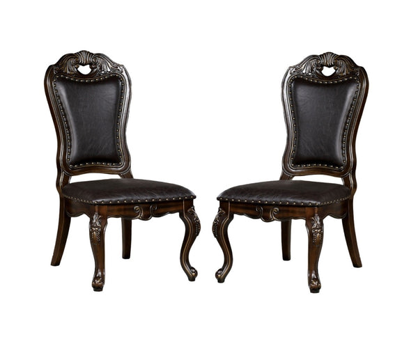 English Elm Traditional Side Chairs Set Of 2 - Elegant Walnut Finish With Dark Brown Leatherette Upholstery B011P234724-GIGA