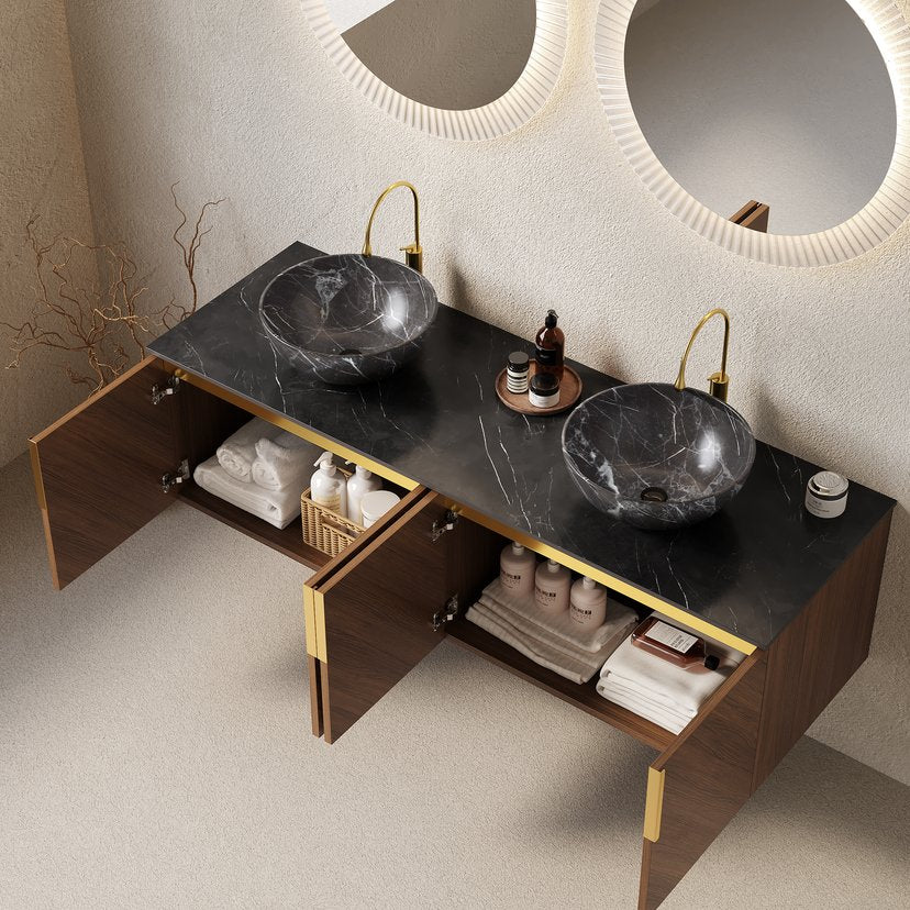 English Elm ARAI 60" Bathroom Vanity with Dual Ceramic Vessel Sinks, Sintered Stone Top, Plywood Storage Cabinet with Soft-Close Doors and Brushed Gold Handles Black,Brown Oak W2615S00262