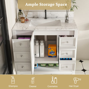 English Elm Modern 37" Bathroom Vanity With Carrara White Top - Sleek, Functional Storage & Easy Assembly! W509S00136