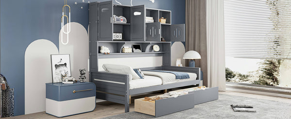 English Elm Twin Size Wooden Daybed With Storage Drawers, Sleek Gray Finish, Cabinet & Shelf For Space-Saving Use N820S00015E-GIGA