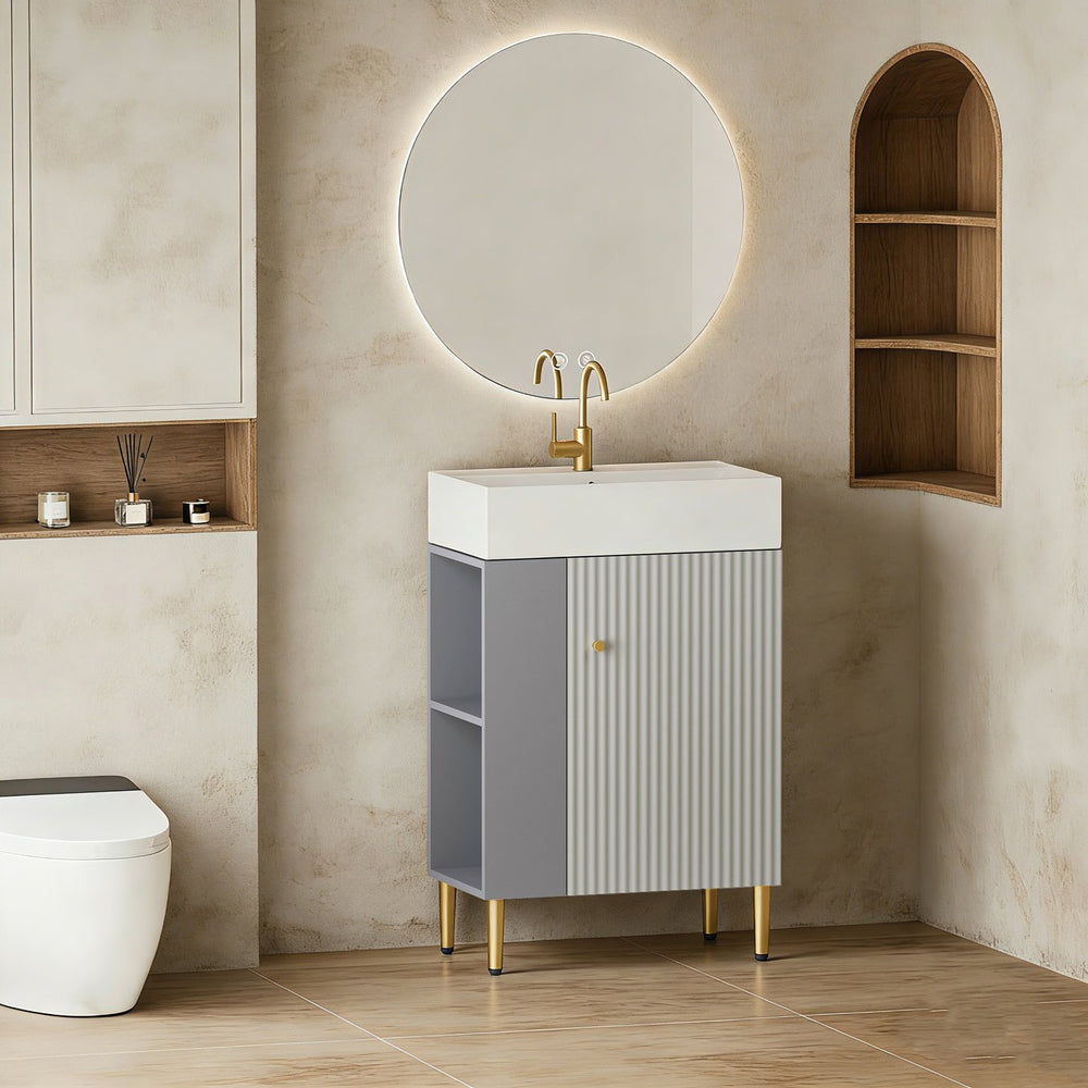 English Elm 21.6" Compact Grey Bathroom Vanity Ceramic Sink Soft Close Cabinet Open Shelf W1920S00187