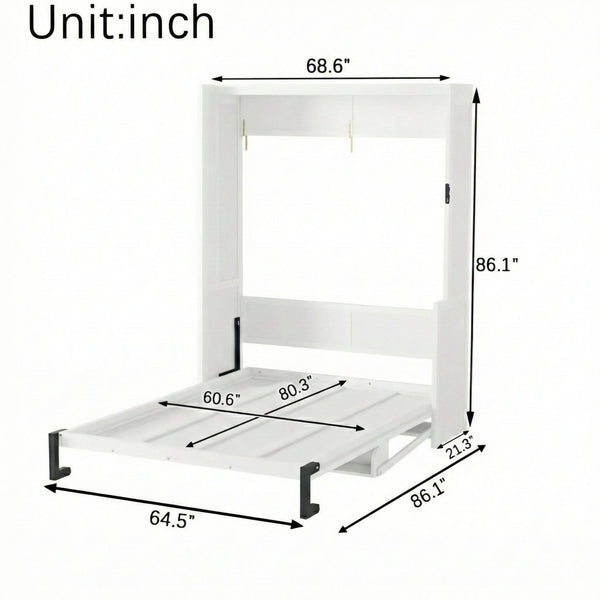 English Elm Queen Murphy Wall Bed with Integrated Desk Gas Strut Lift White Cabinet for Small Spaces W504S00282