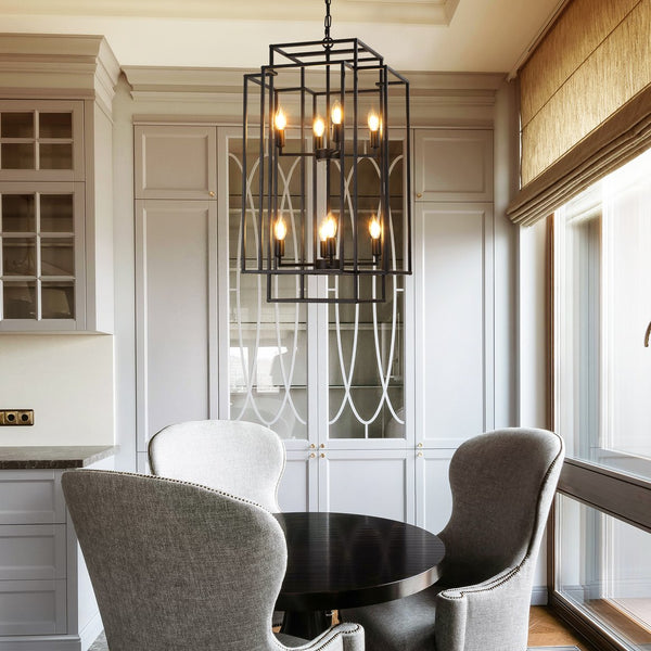 English Elm 18" Modern 8-Light Geometric Pendant Chandelier, Industrial Metal Frame, Adjustable 60" Drop, Stylish Lighting Black W2312P374787