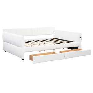 English Elm Queen Lambswool Platform Bed with Usb Charging Armrests and Under Storage Drawers White N7500000601K