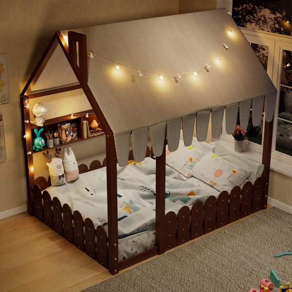 English Elm {slats Are Not Included} Twin Montessori House Floor Bed Kids Tent Lights Shelves Pinewood Frame Espresso N708P407963P