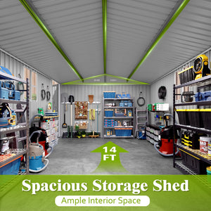 English Elm 10x14 Ft Galvanized Steel Outdoor Storage Shed with Lockable Doors and Vented Window W3213S00005