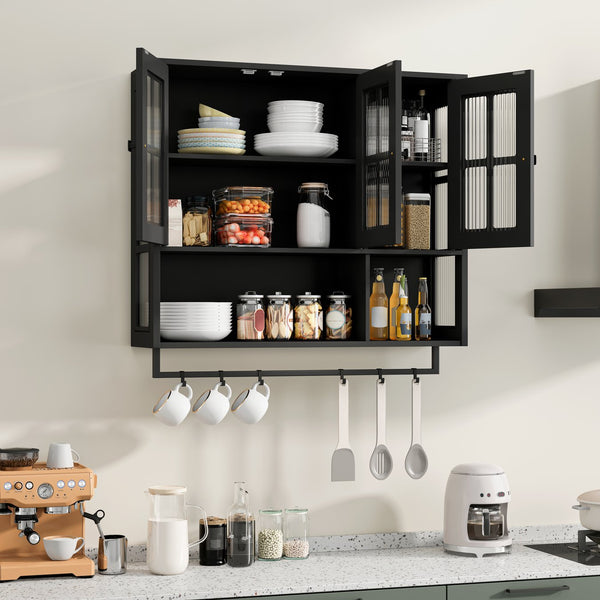 English Elm Bathroom Wall Cabinet with 3 Doors and Glass Panel, MDF Storage Cabinet with Towel Bar, Modern 35.6"L x 10.2"W x 32.5"H Black W757P329724