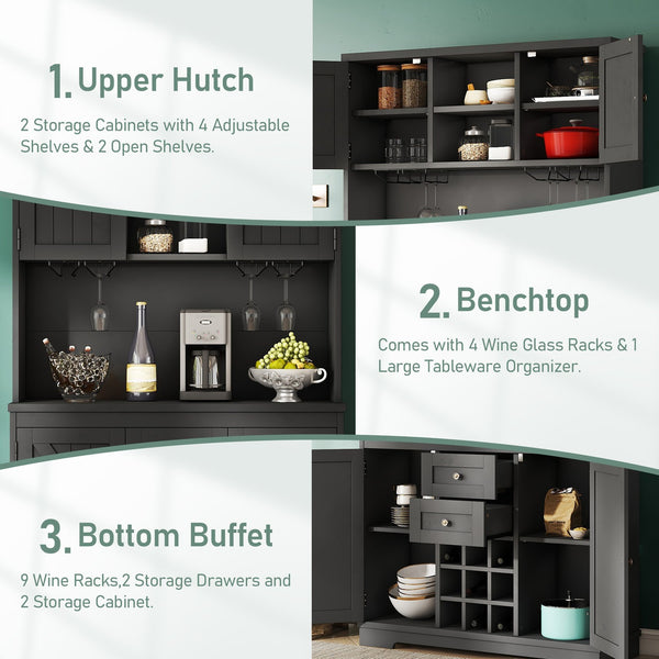 English Elm Coffee Bar Cabinet Dark Blue Farmhouse Buffet with Wine Cubbies, Stemware Rack, Drawers, Shelves & Prep Space Black W1580S00088