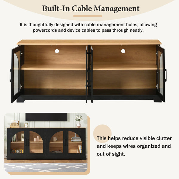 English Elm Farmhouse Media Console with Arched Glass Doors Wood Grain Two Tone Living Room Storage Black N721P411204B