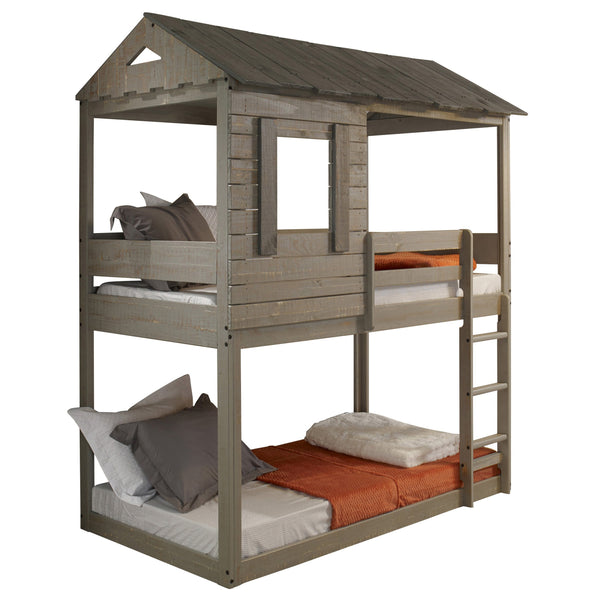 English Elm Rustic Solid Pine Twin-Over-Twin Bunk Bed in Grey with Built-In Right Ladder, 13-Slat Support System B062S00466