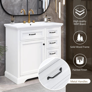 English Elm Christopher Knight Home® - 36" Bathroom Vanity with Ceramic Sink, Soft-Close Doors, 4 Drawers & Ample Storage, Freestanding White N759P223021K