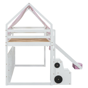 English Elm Twin House Loft Bed with Tent Canopy Slide and Shelves Pinewood Kids Frame White LT000682AAK-1