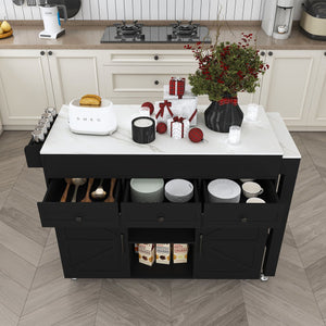 English Elm 74.8" Rolling Kitchen Island Extendable Marble Veneer Top with Power Outlet and Storage W2700S00106