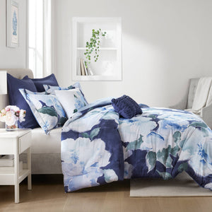 English Elm 7-piece Cal King Cotton Printed Comforter Set with Embroidered Decorative Pillows Blue Multi B035P482994
