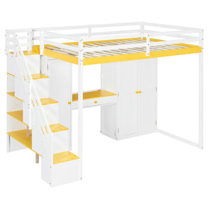 English Elm Full Size Teen Loft Bed with Staircase Shelves Wardrobe Vanity and Led Lighting LT000276AAL