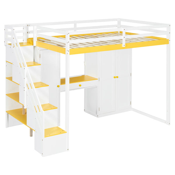 English Elm Full Size Teen Loft Bed with Staircase Shelves Wardrobe Vanity and Led Lighting LT000276AAL