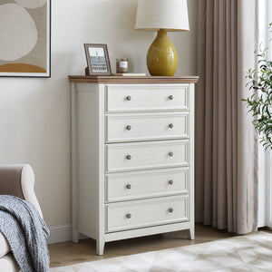 English Elm Modern 5-Drawer Dresser Tall Chest with Smooth-Glide Drawers, Metal Handles, Stable Feet, Beige Finish W2275P233488