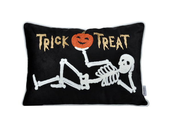English Elm Trick Or Treat Skeleton Velvet Throw Pillow - Luxurious Black Accent For Spooky Halloween Decor B357P360658-GIGA