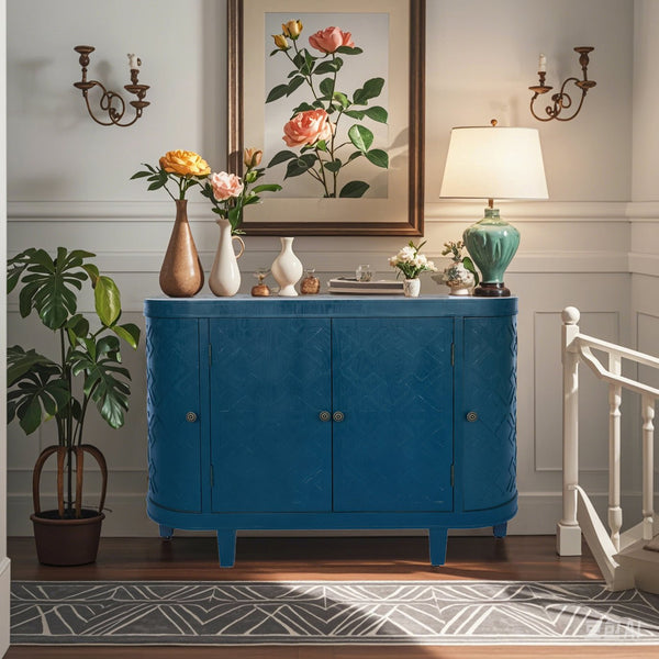 English Elm 47''Oval Handmade Fluted Storage Cabinet with Sliding Shutter Doors, Antique Blue Green Curvy Credenza W2295P290657