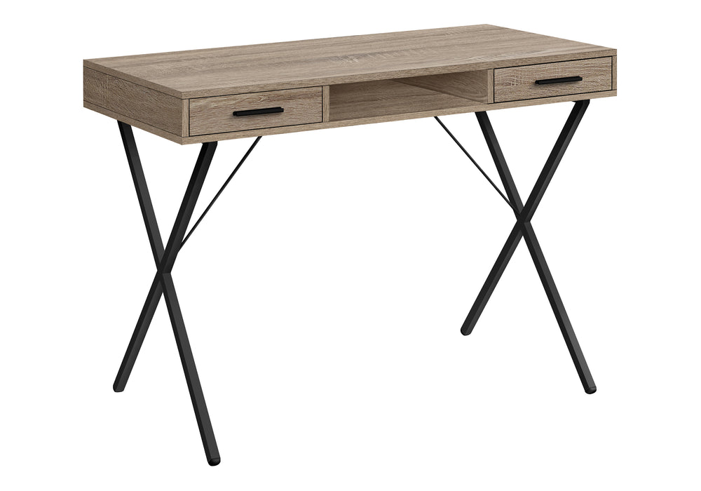 English Elm Computer Desk with Taupe Wood-Look Surface, 42" x20", Black X-Frame, 2 Drawers + Open Shelf, Modern B2710P219957