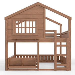 English Elm Full Bunk Bed with Trundle Bookshelf Storage Pine Frame Car Design for Kids Natural W1580S00522
