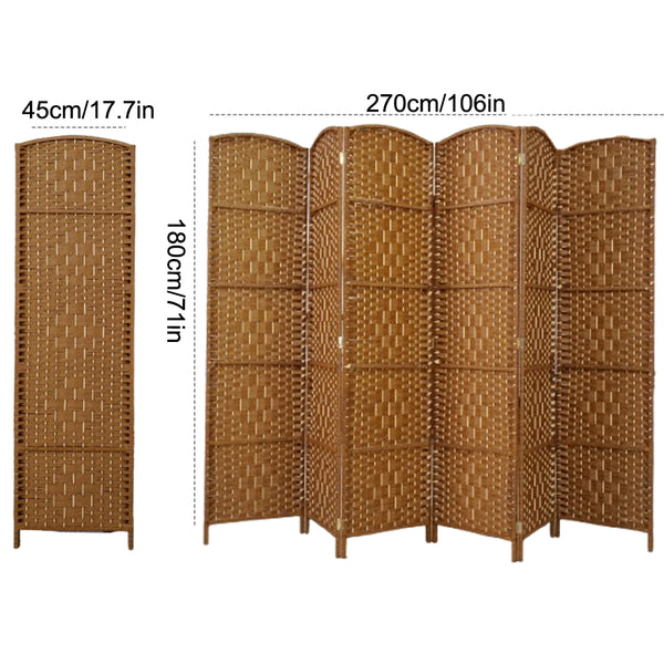 English Elm 6 Panel Room Divider Folding Screen with Hand-Woven Arched Panels Pine Frame Privacy Partition Room Decor Natural Wood W3198P299211