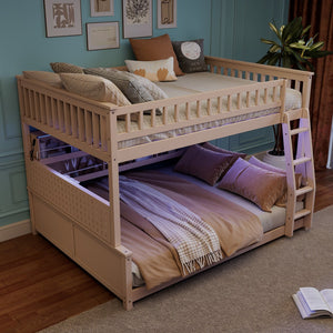 English Elm Full Xl Over Queen Bunk Bed Pinewood Frame with Led Lights Shelving Pegboard Beige LT000279AAA