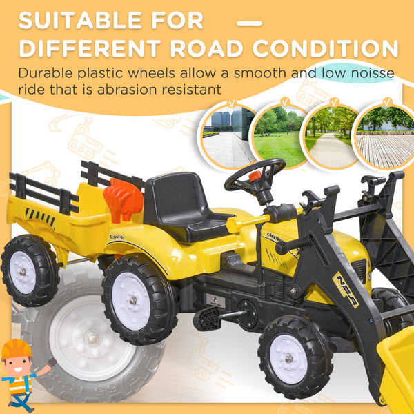 English Elm Aosom Kids Pedal Excavator with Functional Bucket Six Wheels and Detachable Cargo Trailer W2225P249789