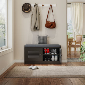 English Elm 28.74"shoe Storage Bench Louvered Cabinet Cushioned Seat Adjustable Shelves Entryway W2948P361401