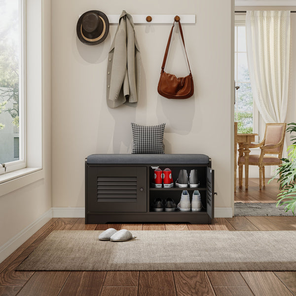 English Elm 28.74"shoe Storage Bench Louvered Cabinet Cushioned Seat Adjustable Shelves Entryway W2948P361401