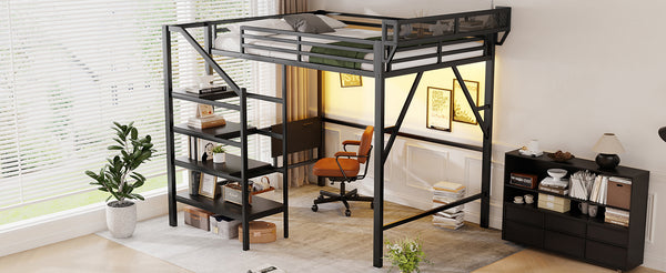 English Elm Queen Metal Loft Bed with Staircase Storage Foldable Desk and Built-in Charging W2580S00073