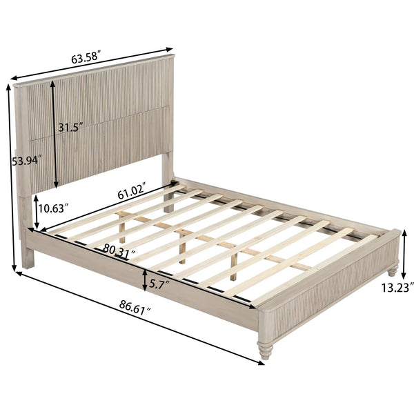 English Elm Solid Rubberwood Queen Platform Bed Tall Headboard Vertical Grain No Box Spring Beige W5819S00002