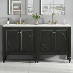 English Elm [video] 60 Inch Freestanding Double Sink Bathroom Vanity with Ceramic Basins Soft Close Storage Black N759S226000B