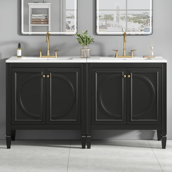 English Elm [video] 60 Inch Freestanding Double Sink Bathroom Vanity with Ceramic Basins Soft Close Storage Black N759S226000B