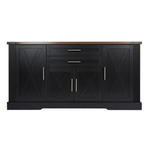 English Elm 63" Fluted Mdf Sideboard with Wood Tone Top Four Doors Three Drawers Dining Storage Black W2917S00012