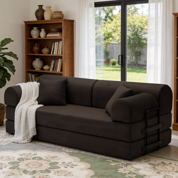English Elm Convertible Corduroy Floor Sofa Folds Flat as Sleeper Daybed for Studio Living Brown W5532P438820