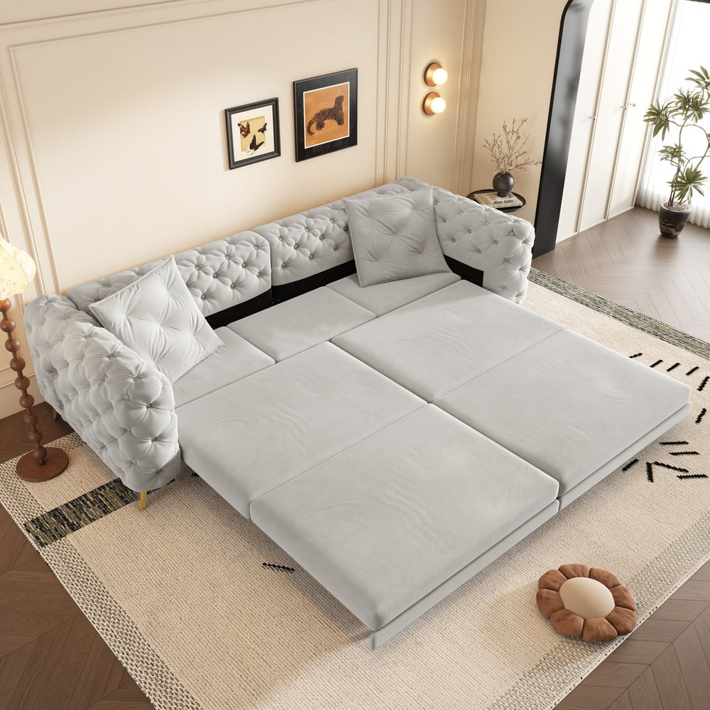 English Elm 97.6" Oversized Velvet Chesterfield Sleeper Sofa Floral Tufted Roll Arm Living Room Couch Light Grey W1885S00203