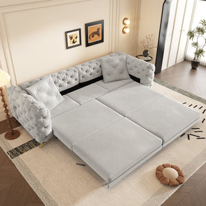 English Elm 97.6" Oversized Velvet Chesterfield Sleeper Sofa Floral Tufted Roll Arm Living Room Couch Light Grey W1885S00203