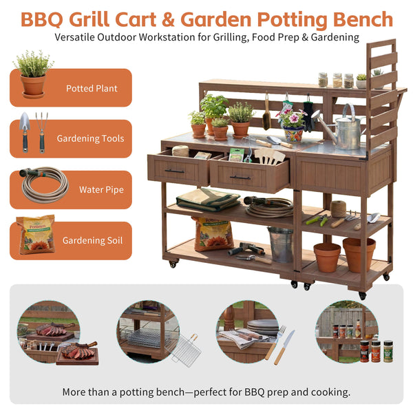 English Elm Topmax Modular Fir Wood Outdoor Kitchen Cart Stainless Steel Prep Station Brown N717P417963D