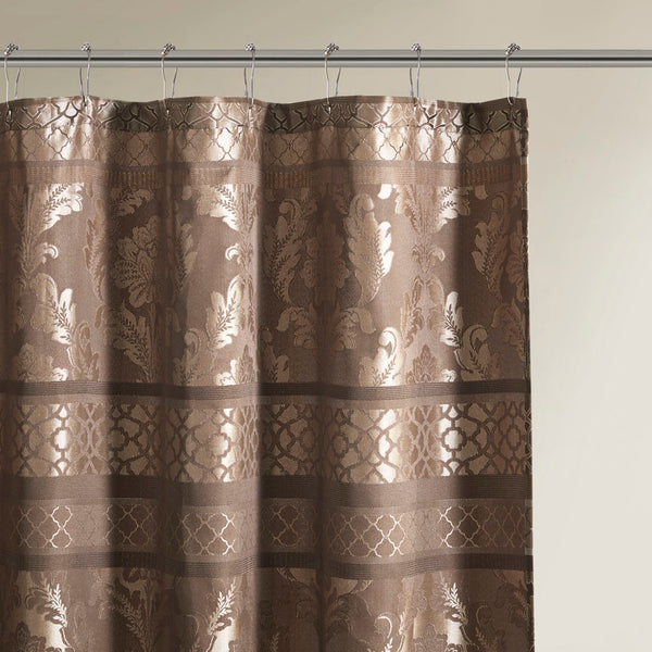 JLA Home Madison Park - Jacquard Chocolate Brown Shower Curtain 72x72 — Durable Polyester Jacquard with Leaf, Stripe & Ironwork MP70-3035