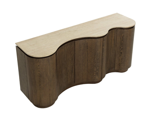Sunpan FABLE Sideboard: Elegant Solid Oak Storage with Curved Design and Travertine Top for Modern Homes 112360