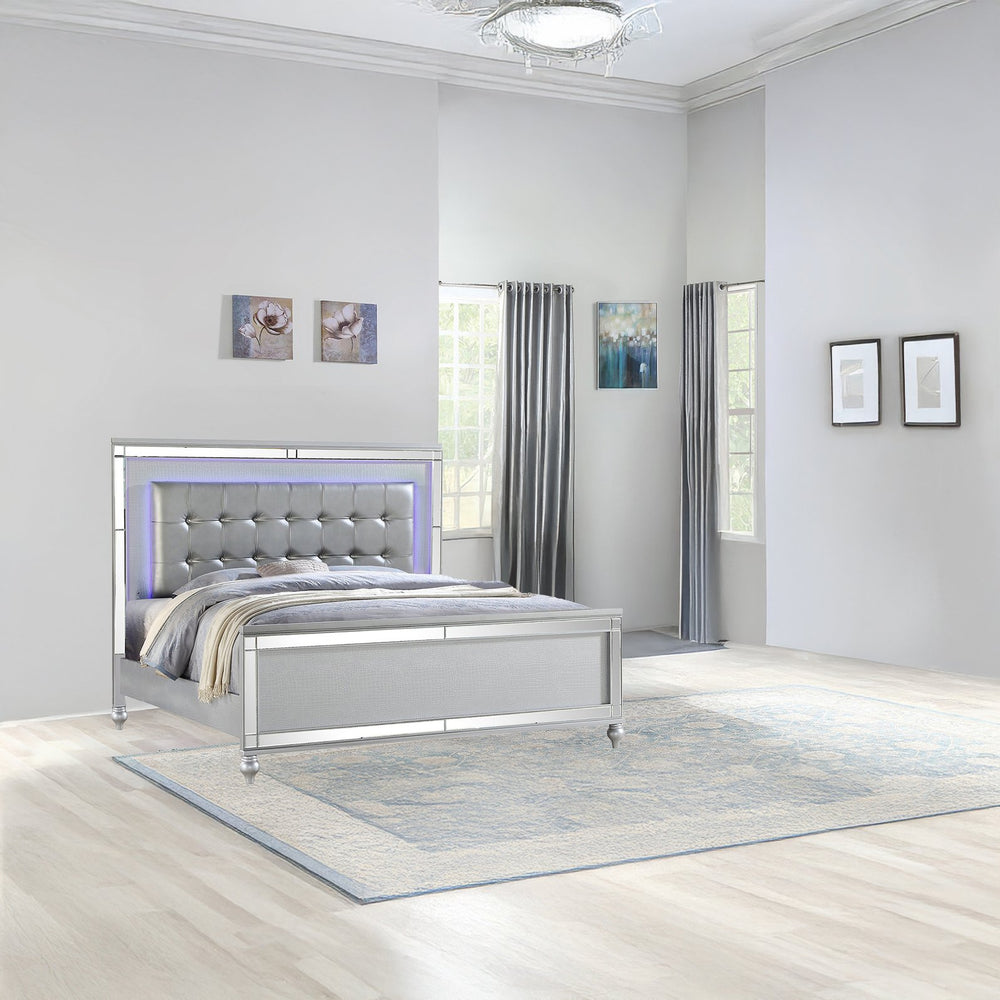 English Elm Sterling Queen Upholstered LED Bed Silver Wood Frame with Crystal Tufted Headboard, Glamorous Design 808857633361