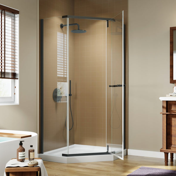 English Elm Corner Frameless Neo-angle Pivot Shower Enclosure with Tempered Glass and Sleek Hardware W637P348794