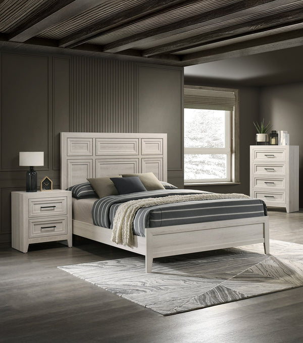English Elm 1pc Elegant Panel Queen Bed with Framed Headboard and Recessed Detailing for Serene Bedroom Retreat Antique White 82.05 L x 33.98 W x 5.91 H B2741S00598