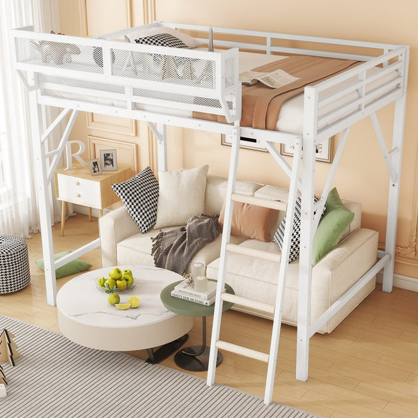 English Elm Queen Metal High Loft Bed with Storage Shelf and Ladder for Teens Small Spaces W2580P351278