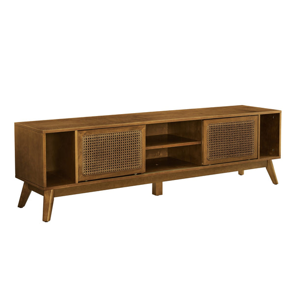 English Elm 67.9 Inch Mid Century Modern Rattan Tv Stand For 75" Tvs - Stylish Media Console With Smart Storage & Solid Wood Legs W1801P303380