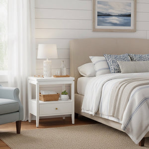 English Elm Olana Floating Top 1-Drawer Nightstand in White — Modern Solid Wood Nightstand with Hidden Tray, Gold Pull, Shelf B050P376963